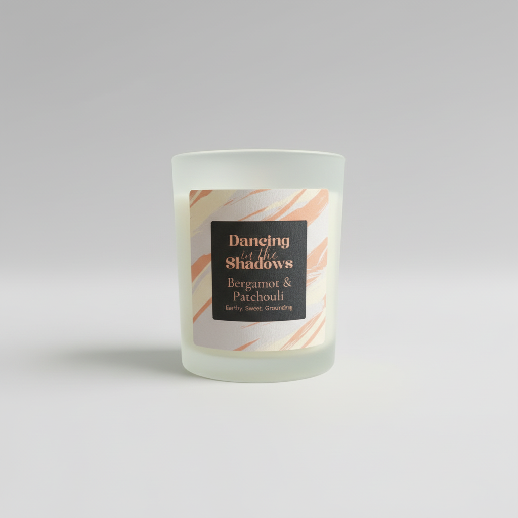 Frosted candle with a label in a studio